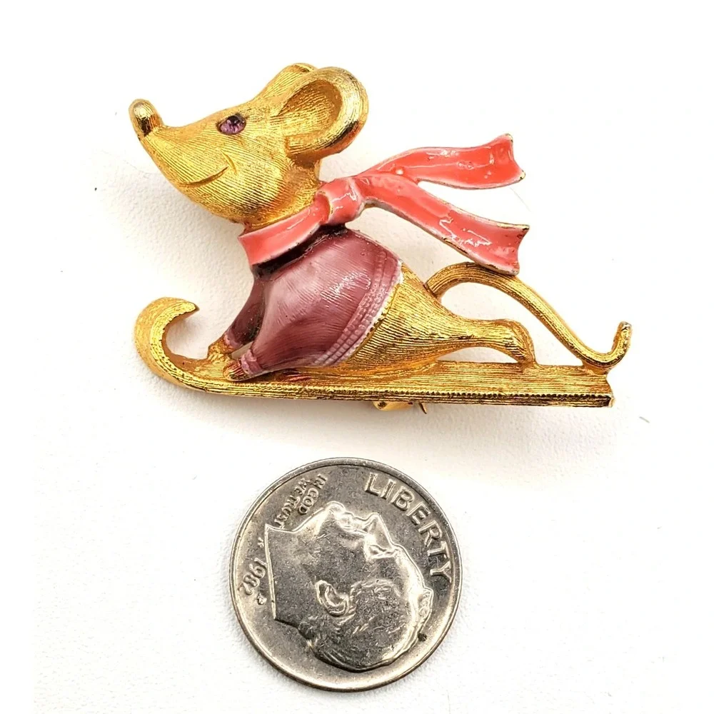 Vintage Mouse on a Sled Purple Sweater Red Scarf Enamel Brooch